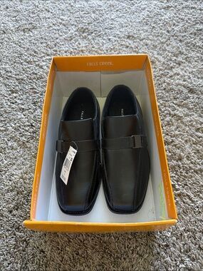 Falls Creek Boys Black Slip-On Dress Loafers with Strap accent